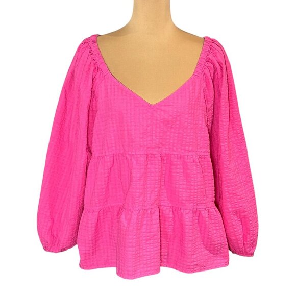 Old Navy Tiered Flowy Top Sz.XL Hot Pink Seersucker V-Neck Coquette Dopamine - Picture 1 of 10